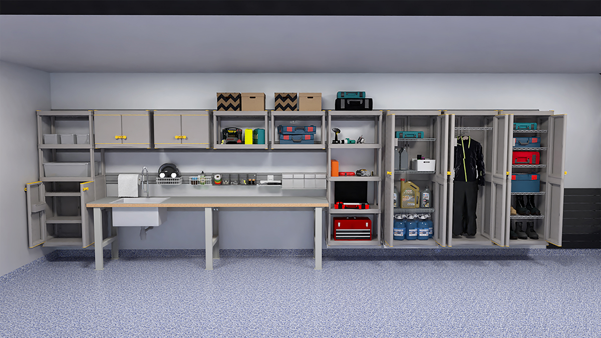 отделка гаража с системой хранения на серых направляющих TekTrak 6