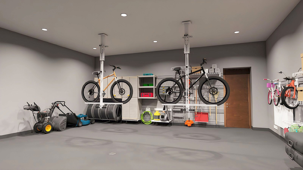система хранения велосипедов в гараже на  потолочных кронштейнах Flat-bike-lift