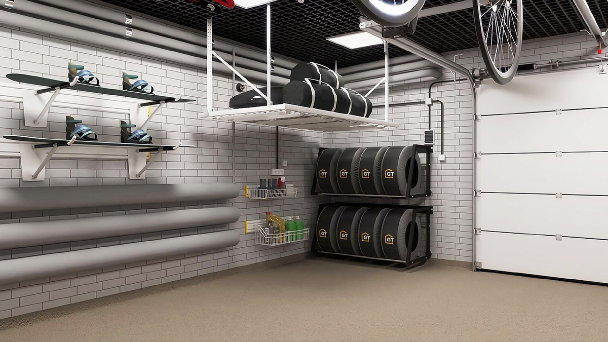 дизайн-проект гаража с большим универсальным кронштейном для сноубордов