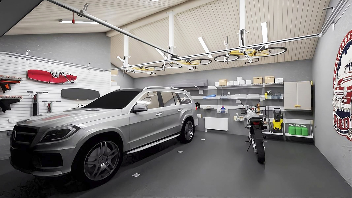 дизайн-проект обустройства гаража в стиле 80-х для машины, квадроцикла и мотоцикла