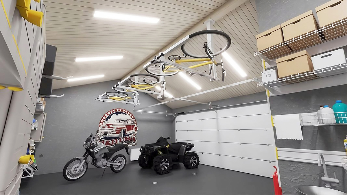 дизайн-проект обустройства гаража в стиле 80-х с дизайнерской росписью на стене