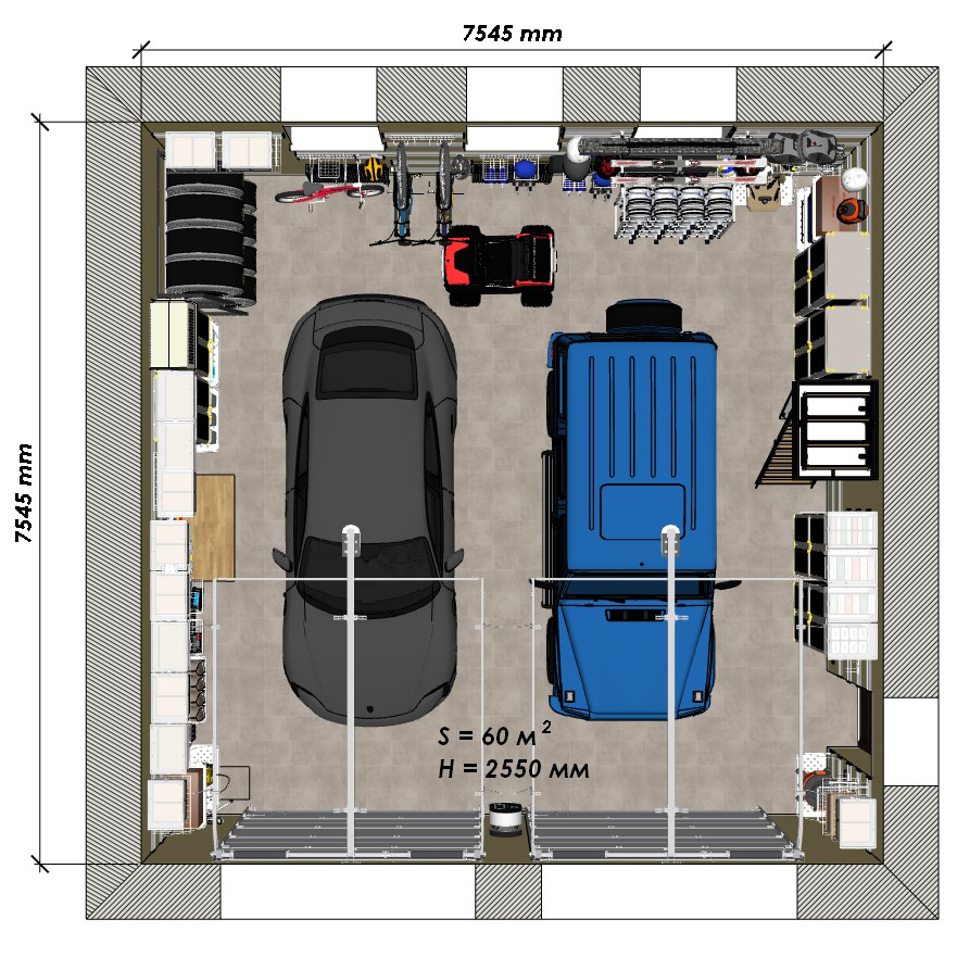 дизайн-проект гаража на 2 машины с отделкой и серые направляющие TekTrak 