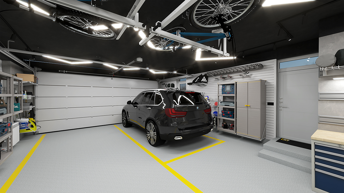 отделка гаража с помощью модульной системы хранения с использованием панелей TekPanel и направляющих TekTrak 2
