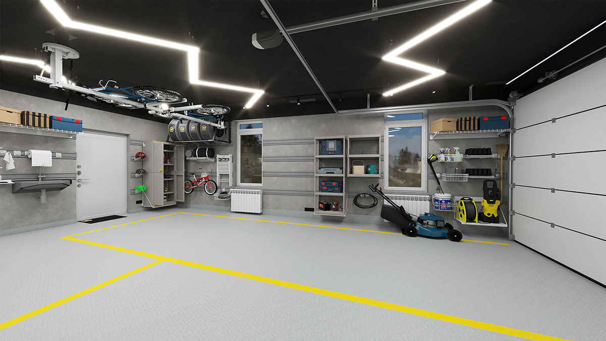 отделка гаража с помощью модульной системы хранения с использованием панелей TekPanel и направляющих TekTrak 3