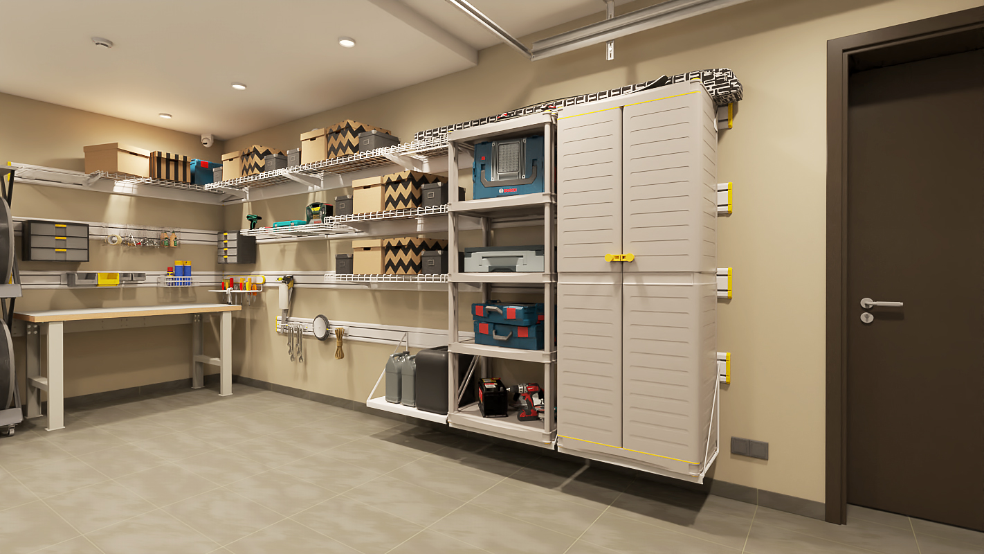 комбинированная система хранения на панелях TekPanel и направляющих TekTrak в гараже