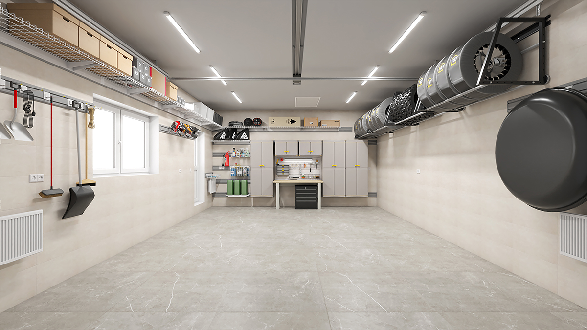 дизайн-проект гаража на 2 машины с системой хранения на направляющих TekTrak 2