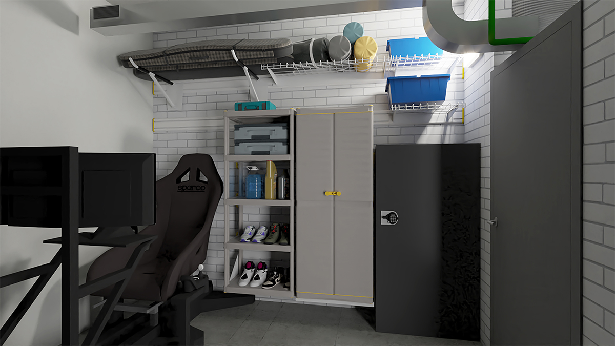 организация пространства в гараже с помощью системы хранения на белых направляющих TekTrak 2