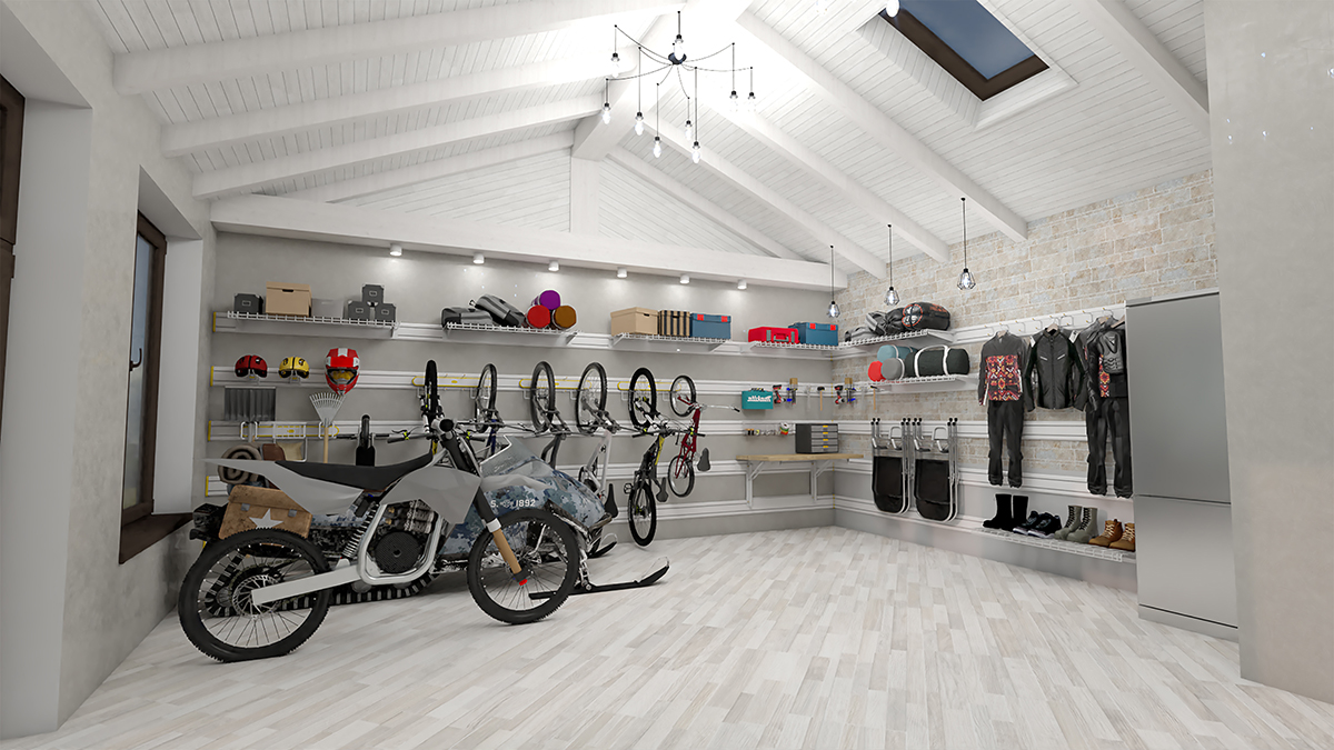 гараж для мотоцикла с системой хранения на направляющих TekTrak с открытым типом, без шкафов