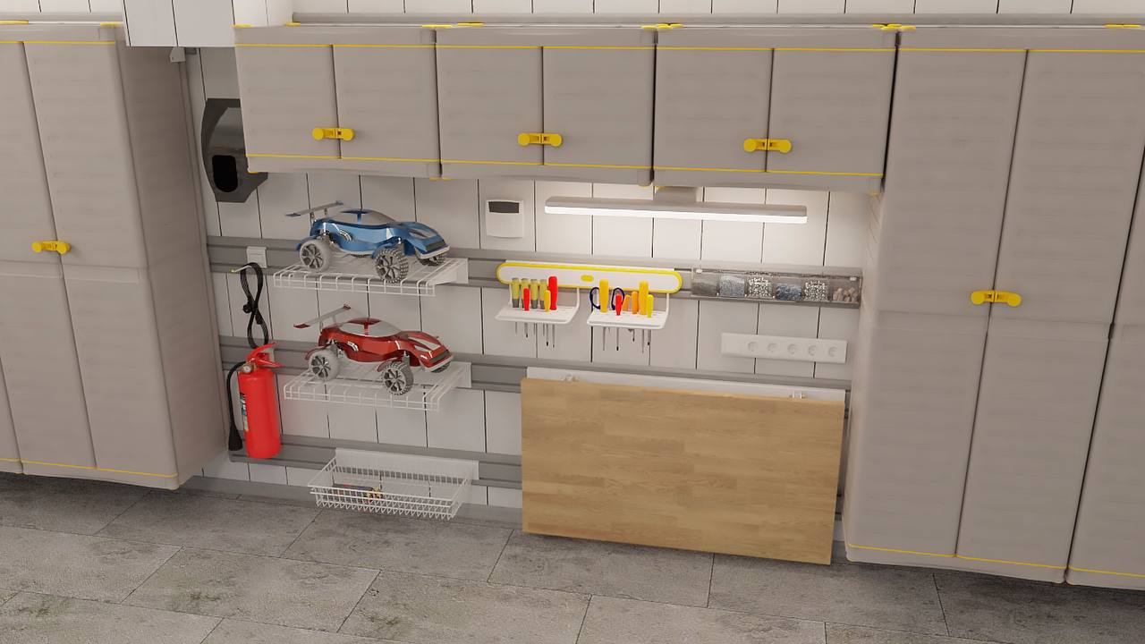 организация хранения в гараже c с помощью складного стола