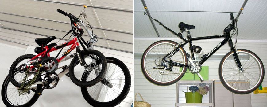 одноточечные или двухточечные веревочные подъемники для велосипедов в гараже