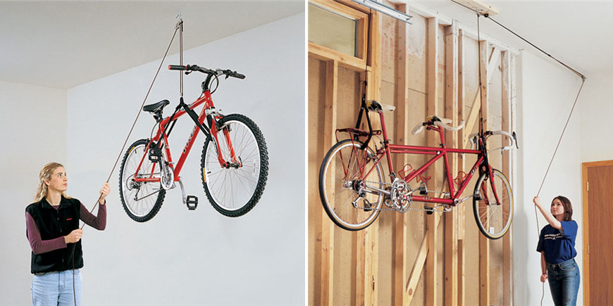 одноточечные или двухточечные веревочные подъемники для велосипедов в гараже 1