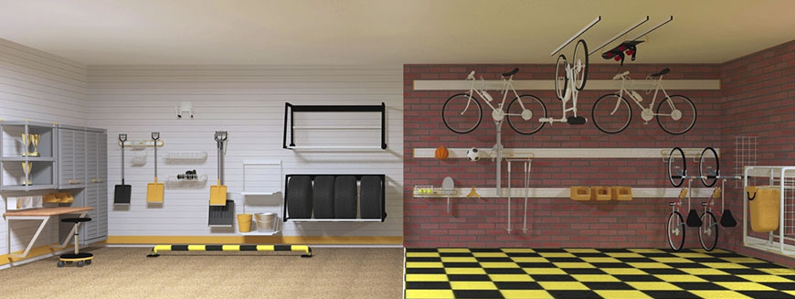 3D макет проектов обустройства гаража: отделка стен панелями с организацией системы хранения и зоны мастерской, полимерный пол (слева); система хранения на треках TekTraks, пол - ПВХ плитка.