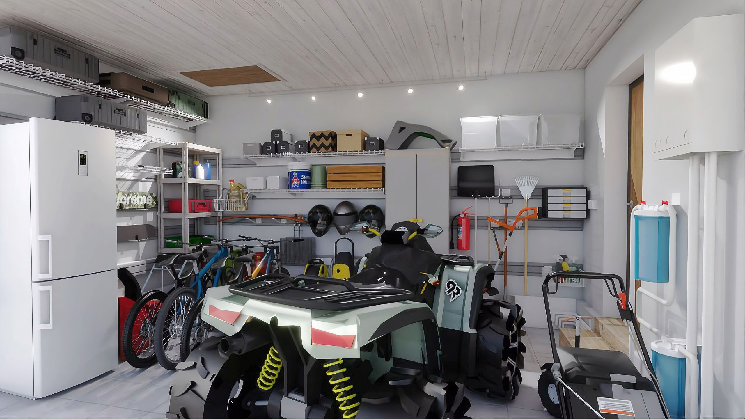 Дизайн | Небольшой гараж с отделкой для квадроцикла и садовой утвари
